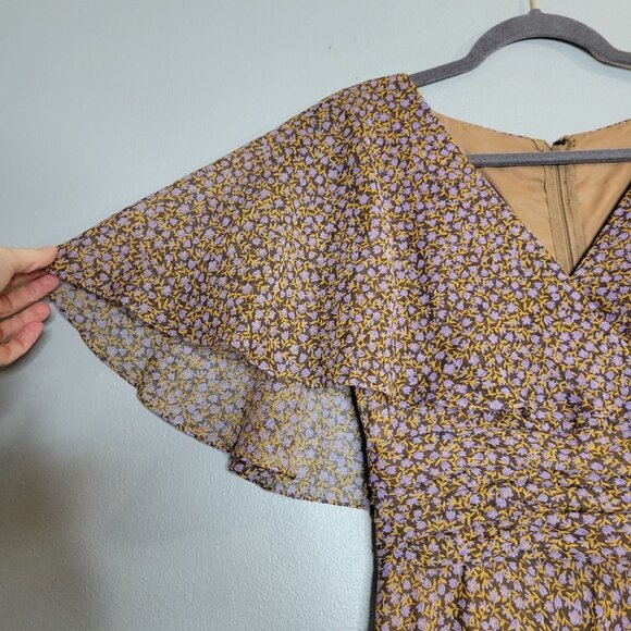 Miss Elliette Vintage Women's Chiffon Floral MIdi Flutter Sleeve V-Neck Dress sz - Picture 4 of 11